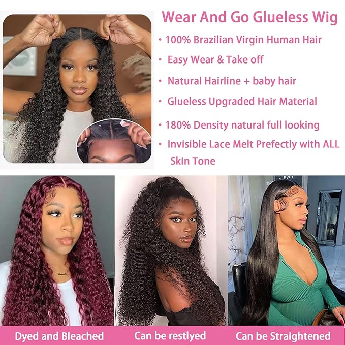 4x4 Wear and Go Kinky Curly Wig Human Hair Pre Plucked Pre Cut HD Lace Closure Wigs for Black Women 180% Density Curly Lace Front Wigs Human Hair (natural color 20 inch)