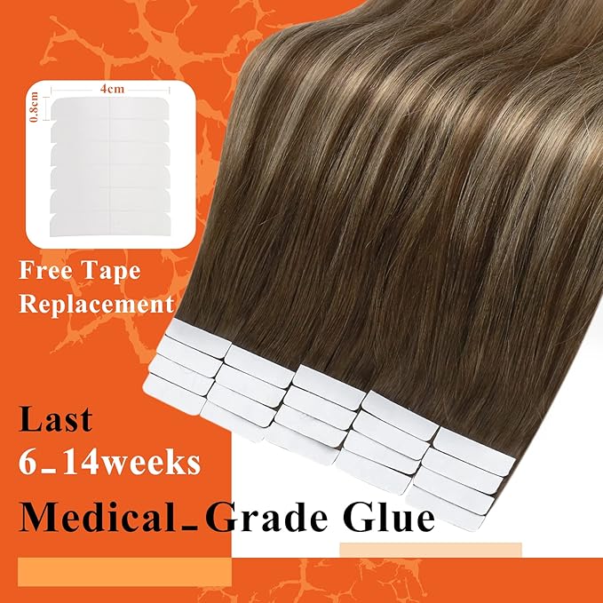 Full Shine Tape in Hair Extensions Human Hair 18Inch Medium Brown Fading to Brown Highlight 4/24/4 Invisible Tape in Hair Extensions 20Pcs Remy Straight Hair Extensions Tape in 50Grams