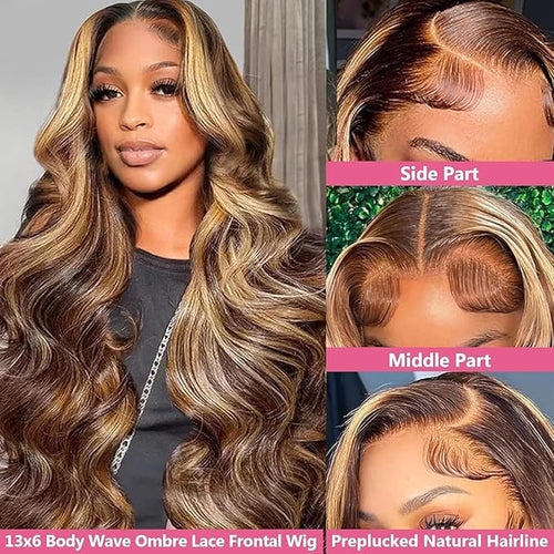 18 Inch 13x6 Lace Front Wigs Human Hair 200 Density P4/27 Highlight Ombre Body Wave HD Lace Front Wigs Human Hair Pre Plucked