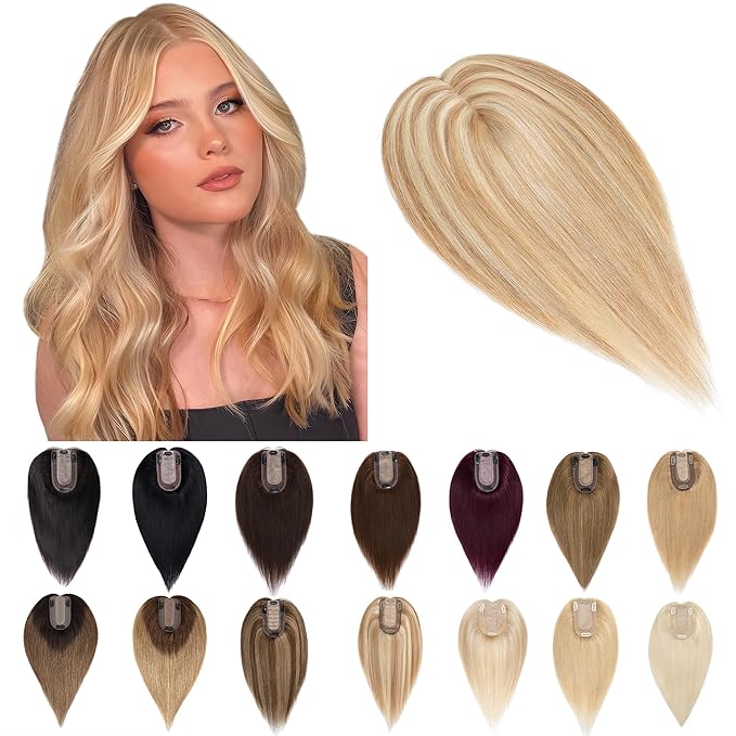 SEGO Human Hair Toppers for Women With Thinning Hair, 7 * 13CM Silk Base 100% Real Human Hair Clip in Top Wiglet Hairpieces -12 Inch No Bangs Golden Brown&Bleach Blonde