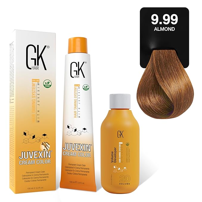 GK HAIR Global Keratin Chocolate 9.99 Almond Hair Color Cream Tube (3.4 Fl Oz/100ml) + 20 Volume Developer (5 Fl Oz/150ml) - Professional Permanent Long Lasting Toner Dye