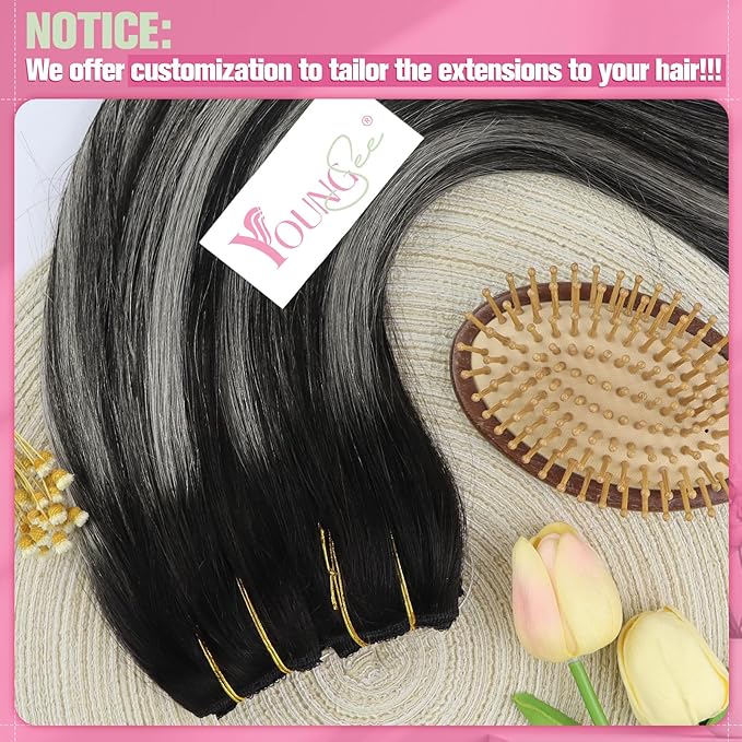 YoungSee Invisible Wire Hair Extensions Black Ombre Wire Human Hair Extensions Black Roots Silver Balayage Remy Headband Hair Extensions Human Hair 16In 80G