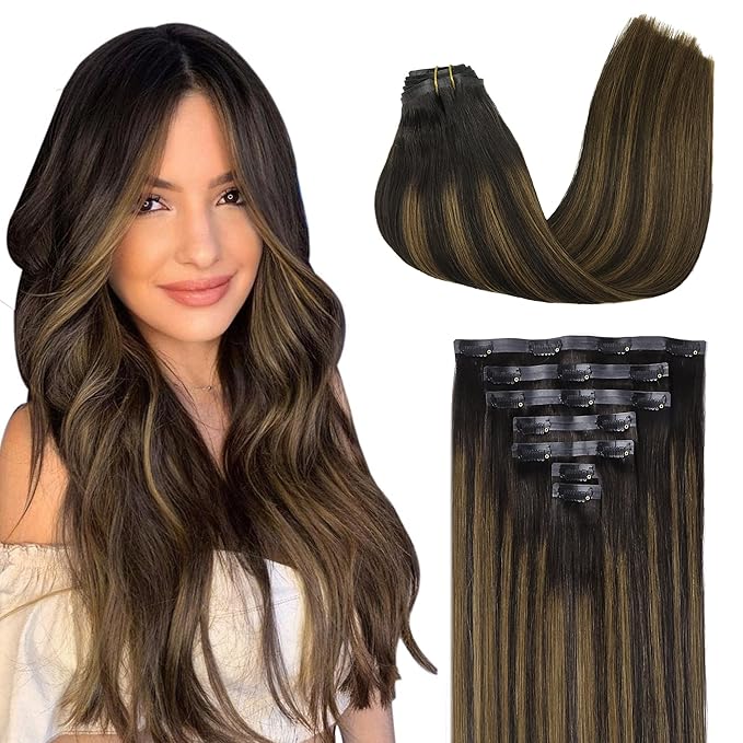 GOO GOO Clip in Hair Extensions Real Human Hair, Remy Human Hair Extensions Clip ins for Women, Natural Human Hair, 14inch 110g 7Pcs, 2/6/2 Balayage Dark Brown to Chestnut Brown