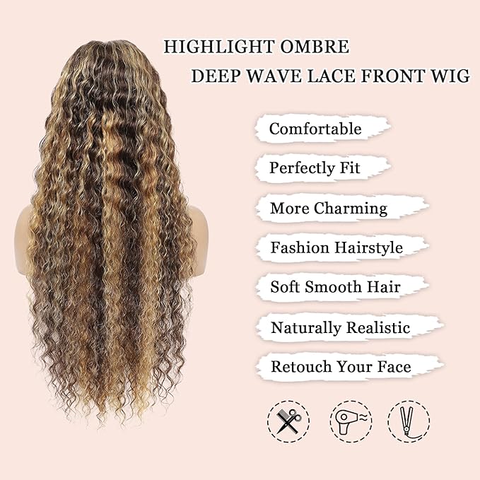 36 Inch Highlight Ombre Human Hair Wigs 13x6 HD Honey Blonde Deep Wave Lace Front Wigs Human Hair 180 Density Glueless Deep Wave 4/27 Colored Wet and Wavy Curly Wig Pre Plucked for Women