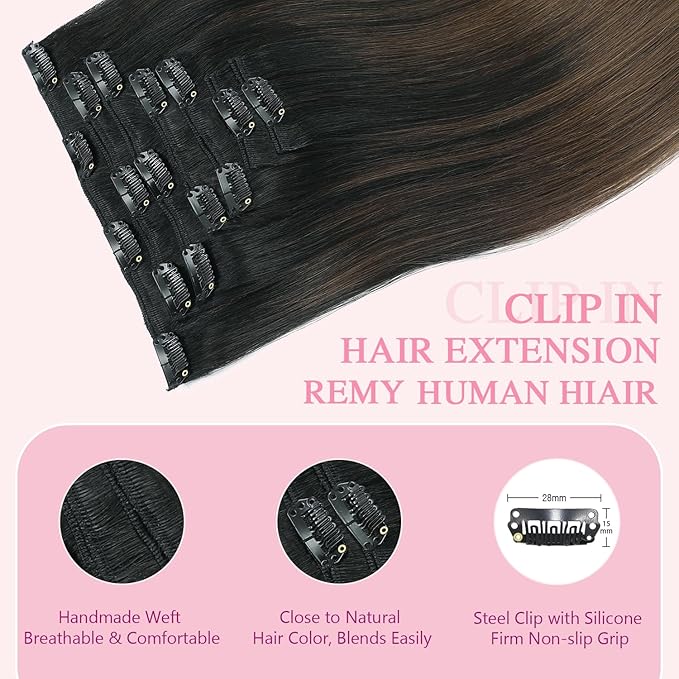 PINKPEARL Clip in Hair Extensions, 18 Inch 7pcs 120g #1BT4 Balayage Natural Black to Chocolate Brown, Hair Extensions Real Human Hair Clip Ins Natural Straight Hair for Women(#1BT4-18)