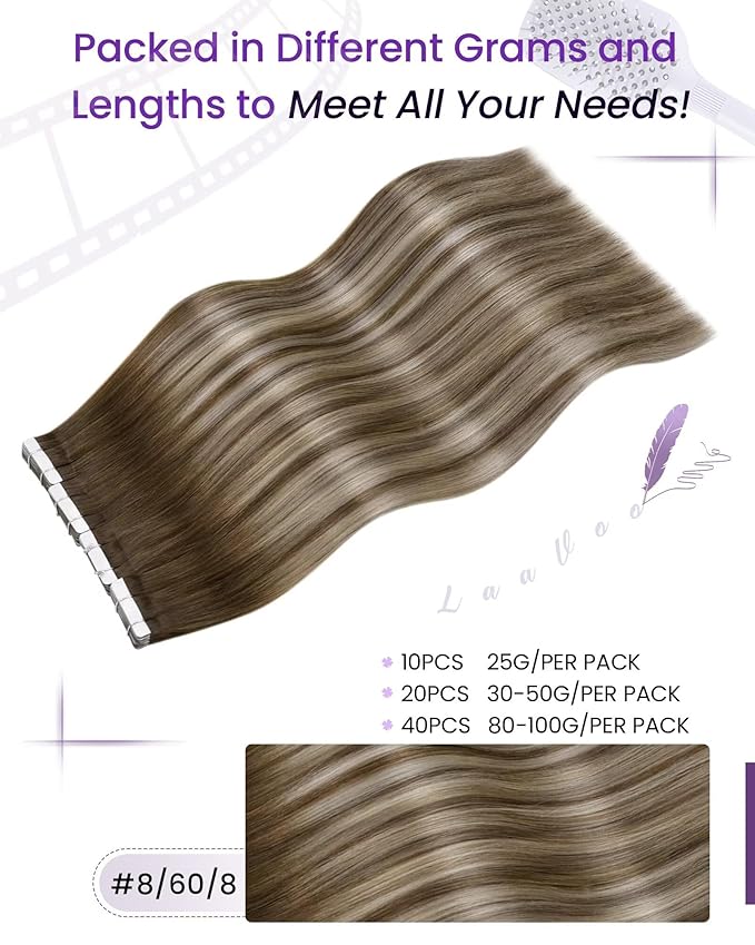LaaVoo Tape in Hair Extensions Balayage Human Hair Tape in Extensions Brown with Blonde Real Hair Tape in Extensions Human Hair Tape Hair Extensions 20pcs/50grams 20 Inch