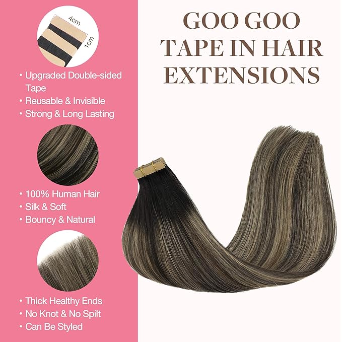 GOO GOO Tape in Hair Extensions Human Hair, 1B/19/1B Natural Black to Light Blonde, 18inch 25g 10pcs, Skin Weft Seamless Invisible, Silky Straight with Thick Ends, Remy Human Hair