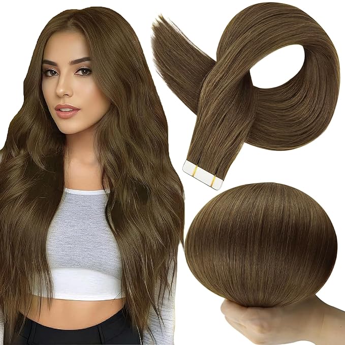 Full Shine Brown Hair Extensions Tape in 24 Inch Tape in Human Hair Extensions 50 Gram Natural Tapes in Hair Extension Seamless Extensions 20Pcs Long Straight Remy Hair Extension for Women