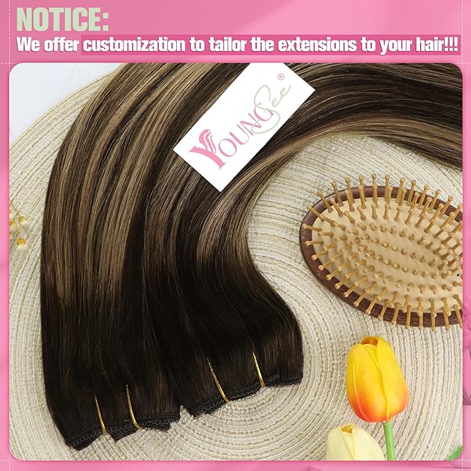 YoungSee 135G Wire Human Hair Extensions Brown Balayage Hair Wire Chocolate Brown Mix Caramel Blonde Balayage One Piece Hair Extensions Long Straight Hair 24Inch