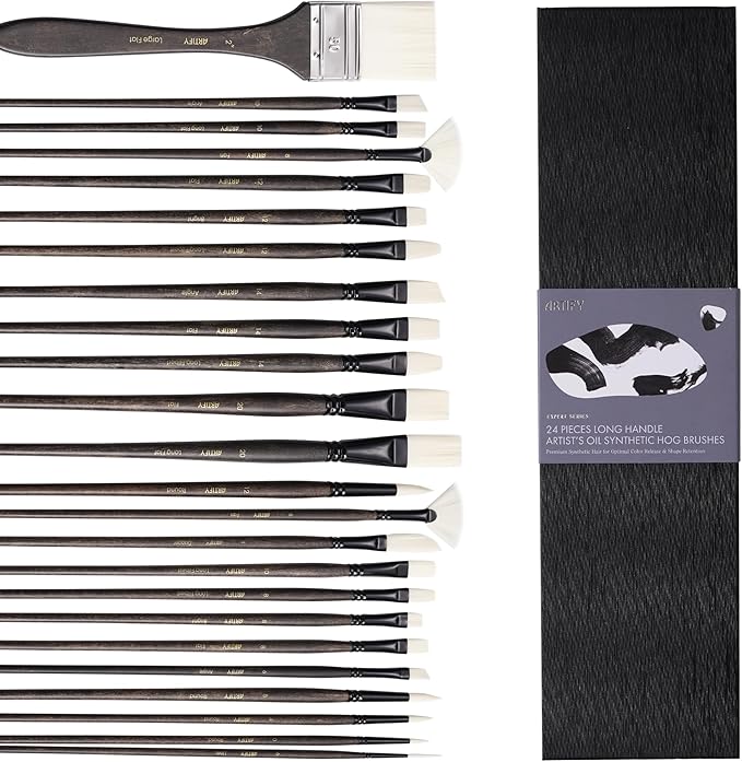 ARTIFY Artists' Oil Synthetic Hog Hair Paint Brush Set, 24 Pieces Long Handle Hard Nylon Oil Paint Brushes, Professional Paint Brushes for Oil, Acrylic Painting