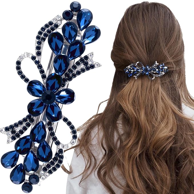 Joez Wonderful Rhinestone Hair Clip Sparkly Crystal Barrettes French Wedding Prom Engagement Pageant First Communion Hair Decorative Accessories for Women Long Hair (Bow Blue, 1 Pcs)