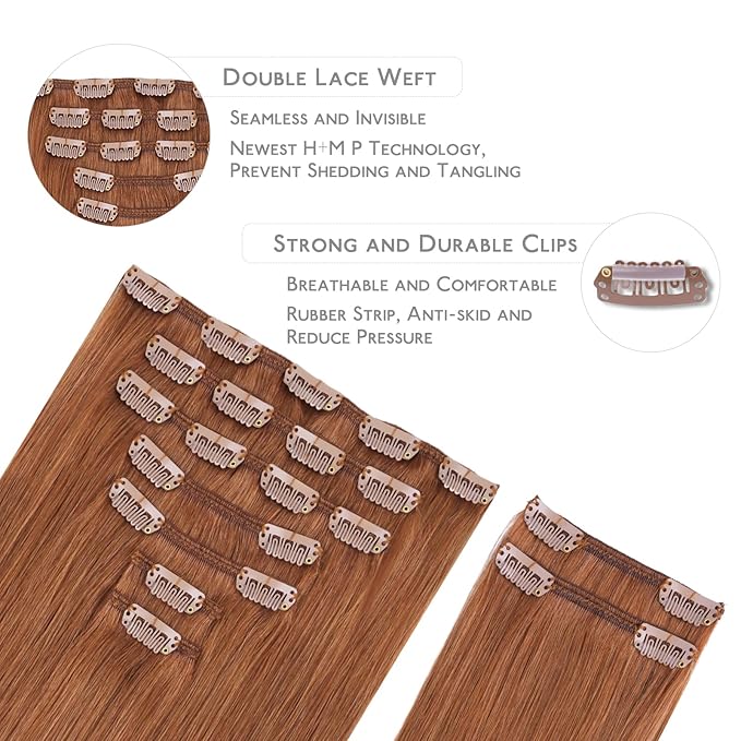 WENNALIFE Clip in Hair Extensions, 150g 14 Inch 9pcs Cinnamon Terra Copper Remy Hair Thicker Double Weft Extensiones De Cabello Humano Con Clip Ins Straight Full Volume