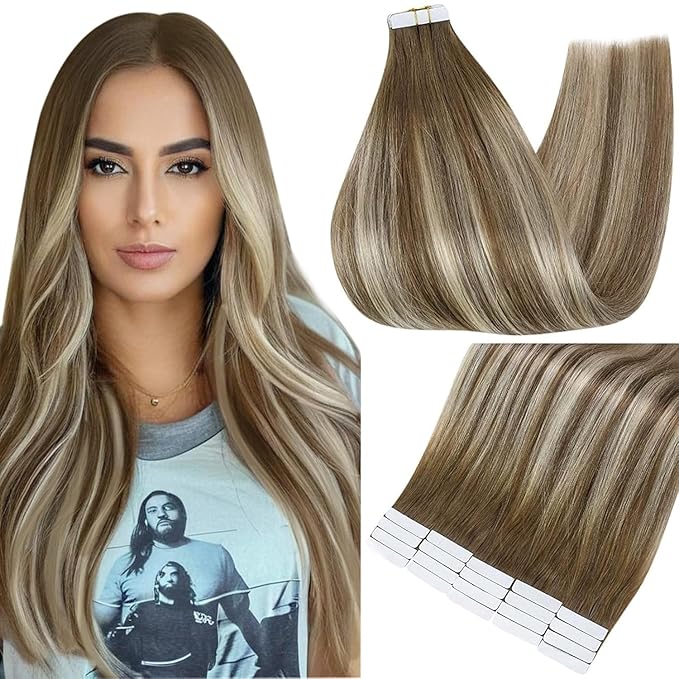 Full Shine Tape in Extensions 16 Inch Color 6 Brown Fading to 6 and 60 Blonde Invisible Double Sided Remy Tape Ins Human Hair Extensions 50 Grams Straight Seamless Soft and Silky 20 PCS for Wedding