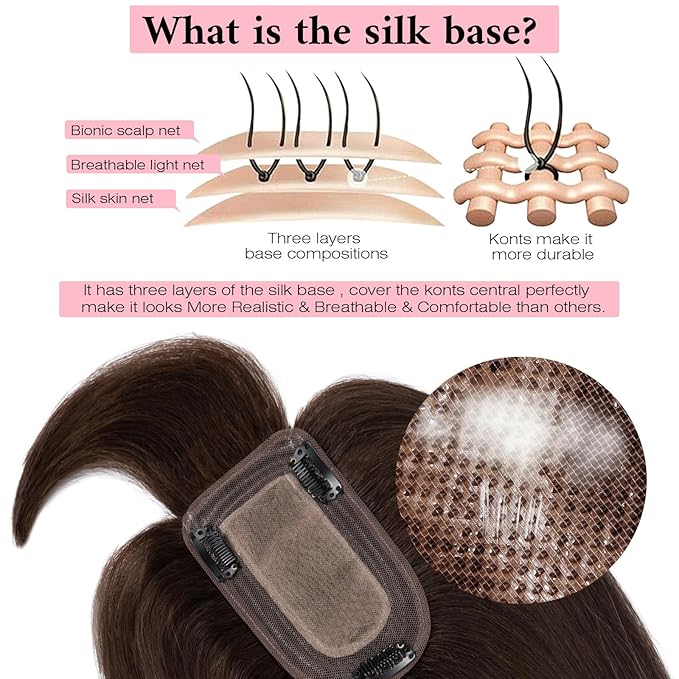 SEGO 100% Real Human Hair Toppers, with Air Bangs, Silk Base 150% Density, Clip in Topper, 2.7肺5.1・ HairPieces for Women, with Thinning/Hair Loss Cover Gray