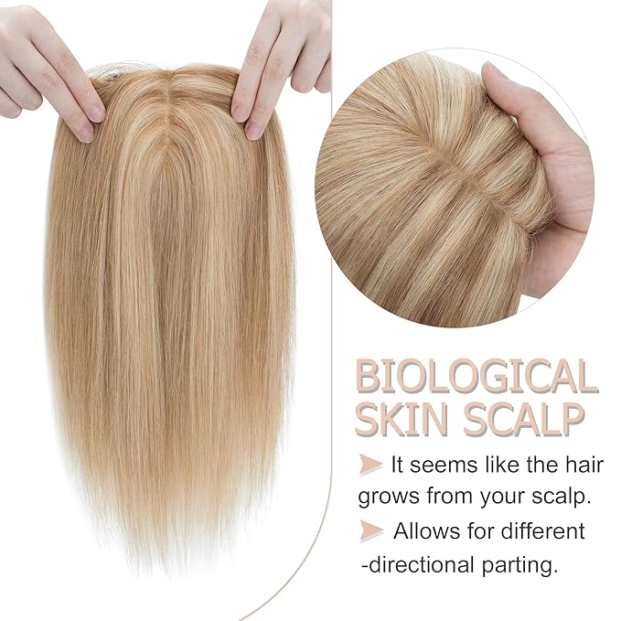Hair Toppers for Women Real Human Hair No Bangs, 13 * 15 cm Larger Silk Base 150% Density Clip In Topper Hairpieces, Wiglet Top Pieces Add Volume -12 Inch 12 P613 Golden Brown&Bleach Blonde