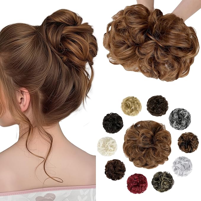 Messy Bun Hair Piece Wavy Curly Scrunchies Fluffy Donut Thick Updo Elegant Chignon Hairpieces for Women Girls, Light Auburn 1.4oz