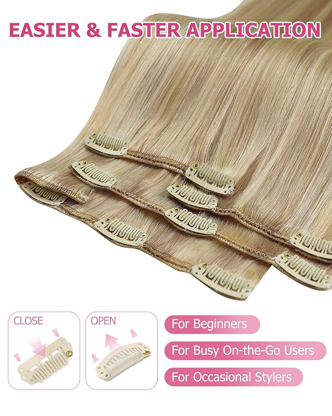 YoungSee 150G Clip in Human Hair Extension Golden Blonde Clip in Extensions Light Blond Mix Golden Blonde Highlight Human Hair Extensions Clip ins Straight Remy Hair 7Pcs 20Inch