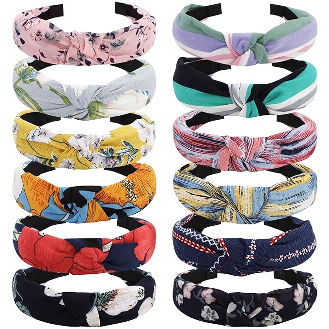 VELSCRUN 12 Pcs Womens Headband Knotted Headbands for Women Girls Wide Headbands Boho Bandeau Knot Turban Headband Hair Band Elastic Hair Accessories for Women
