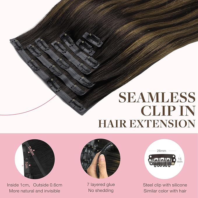 GOO GOO Clip in Hair Extensions Real Human Hair, Remy Human Hair Extensions Clip ins for Women, Natural Human Hair, 22inch 110g 7Pcs, 2/6/2 Balayage Dark Brown to Chestnut Brown