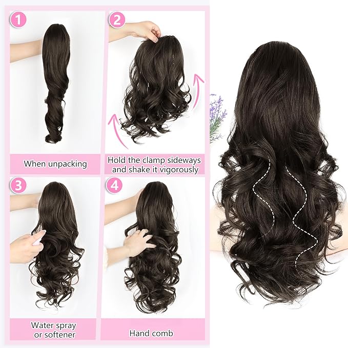 ALXNAN Ponytail Extension,18 Inch Claw Clip in Long Curly Wavy Black Brown Ponytail Hair Extension Jaw Clip on Pony Tails Hairpiece for Women