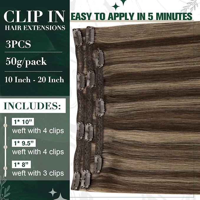 RUNATURE Clip in Hair Extensions Real Human Hair Dark Brown Highlight Soft Silky Human Hair Clip in Extensions 50g 3pcs 18 Inch #3P12 Brown Highlight Blonde