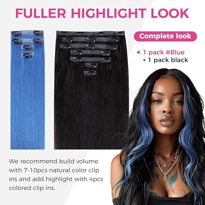 Lashey Clip in Hair Extensions Real Human Hair 50g 4pcs Blue Straight Seamless Clip in Hair Extensions Human Hair 22 Inch Hair Extension Clips