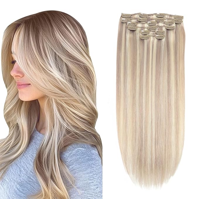 XDhair Human Hair Clip in Extensions 120g 22 Inch Ash Blonde Highlights Bleach Blonde Clip in Hair Extensions Real Human Hair Silky Straight 6pcs #18P613