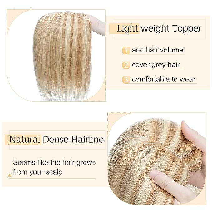 SEGO Human Hair Toppers for Women With Thinning Hair, 7 * 13CM Silk Base 100% Real Human Hair Clip in Top Wiglet Hairpieces -12 Inch No Bangs Golden Brown&Bleach Blonde