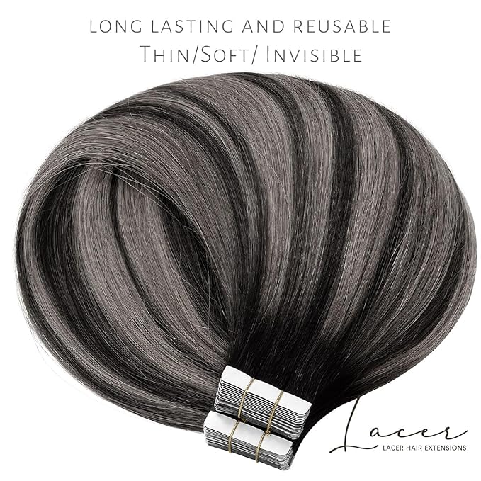 Lacer Grey Tape in Hair Extensions Human Hair Straight Natural Black to Silver Highlights with Natural Black Roots Hair Extensions Tape in 20 Inches 20pcs/50g