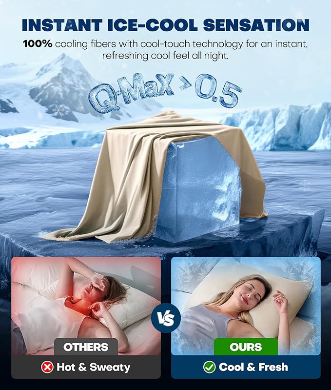 Ultra-Chill Cooling Pillowcase Set of 2 for Hot Sleepers, Softer Than Silk Pillow Cases for Protecting Hair & Skin, Breathable Bed Pillow Covers w/Zipper, Gifts for Women & Men(Beige, Standard)