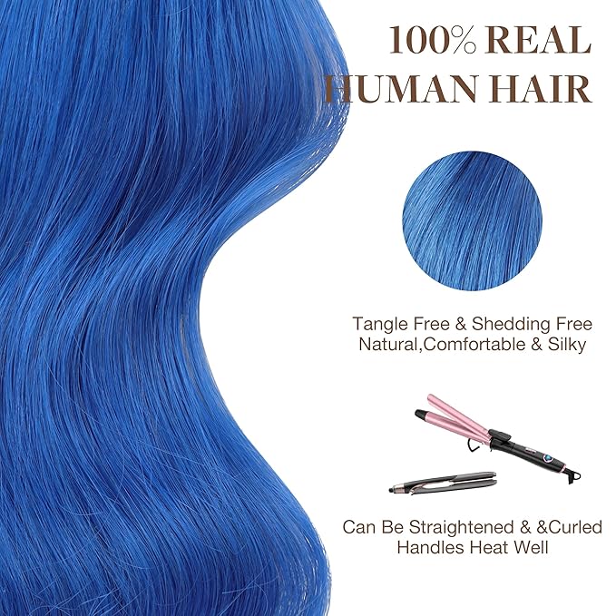 GOO GOO Tape in Hair Extensions Human Hair, Blue, 18inch 25g 10pcs, Colored Tape ins Human Hair Extensions, Silky&Soft Invisible Tape Ins, Hair Highlighted for Party