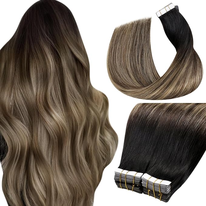 LaaVoo Tape in Hair Extensions Ombre Human Hair Extensions Tape in 20 Inch Ombre Black to Brown Mix Caramel Brown 40pcs/100g