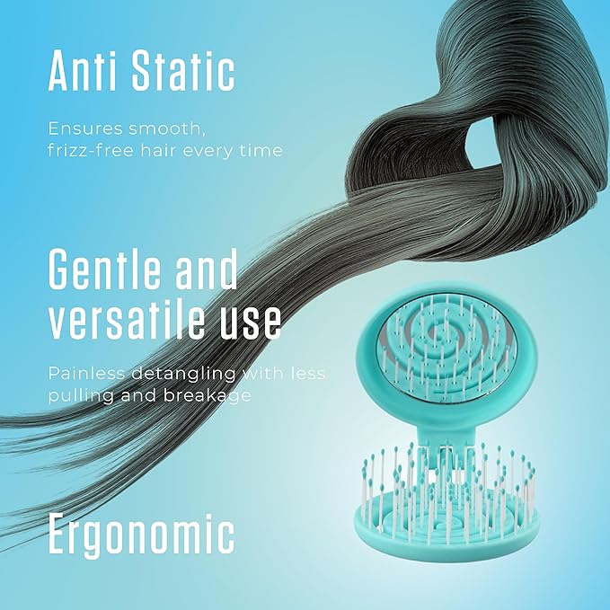 Mini Detangler Travel Hair Brush with Mirror, Makaron Hair Brushes for Women, Men and Kids, Unique 3D Flexible Design for All Hair Types, Styling Accessory, Travel Essentials for Women (BLUE)