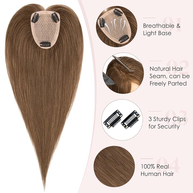 Hairro Human Hair Toppers Free Parted, 3.5x4.7" Base Hand-wovened 100% Real Hairpieces, with Invisible Clips-in for Women, for High Hairline/Adding Volume on Top, 12 Inch Mocha Brown