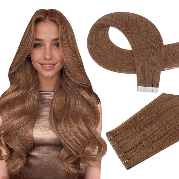 Full Shine Virgin Tape in Hair Extensions Human Hair Color 330 Burnt Orange Virgin Seamles Injected Tape in Extensions Double Sided Tape ins 12.5Grams 5Pcs 24 Inch Long Straight Hair for Festivals