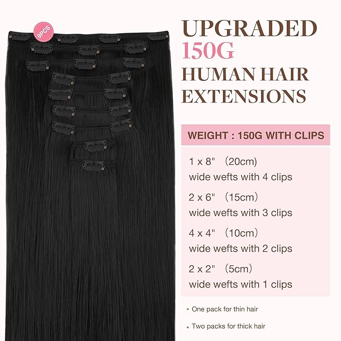 GOO GOO Clip in Hair Extensions Real Human Hair, Remy Human Hair Extensions Clip ins for Women, Natural Human Hair, 22inch 220g 9Pcs, #1 Jet Black