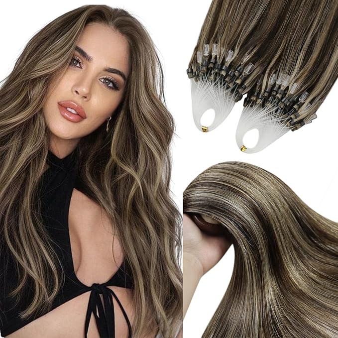 YoungSee Micro Bead Hair Extensions Real Human Hair Highlight Microlink Hair Extensions Dark Brown and Blonde Highlight Micro Loop Hair Extension Human Hair 20In 50g 50s Cold Fusion Hair Extension