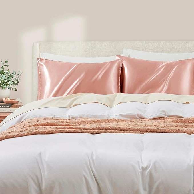 Rose Gold Satin Pillowcase Standard Set of 2 with Envelope Closure，Rose Gold Silk Pillowcase for Hair and Skin (20x26)