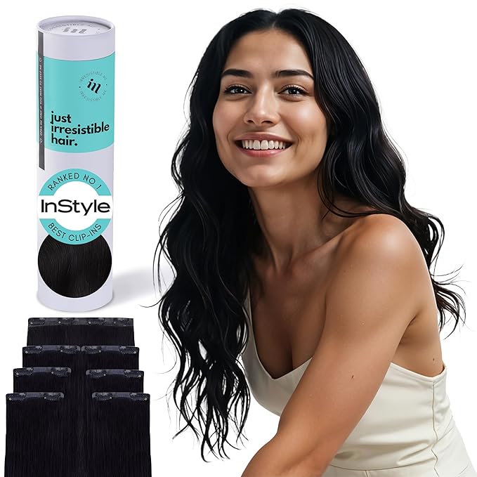 Irresistible Me Real Human Hair Extensions Clip Ins – 100% Human Hair Clip In Extensions for Length & Volume – Invisible Extension – Heat Resistant & Dyeable – Jet Black, 20 Inches
