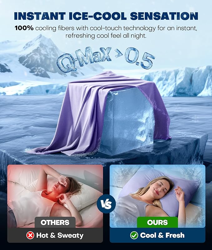 Ultra-Chill Cooling Pillowcase Set of 2 for Hot Sleepers, Softer Than Silk Pillow Cases for Protecting Hair & Skin, Breathable Bed Pillow Covers w/Zipper, Gifts for Women & Men(Purple, King)