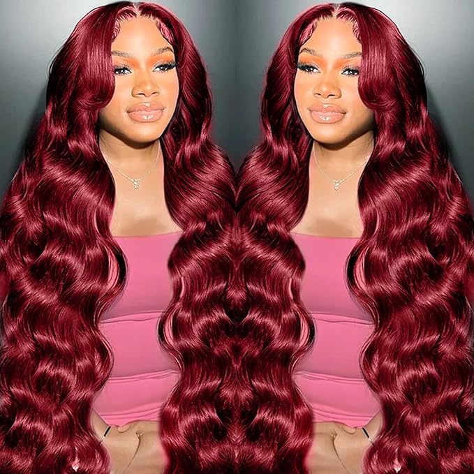 99J Burgundy Wig Human Hair 13x4 Body Wave Lace Front Wigs Human Hair 180 Density Pre Plucked Glueless Wine Red Colored Lace Front Wig for Women 24inch