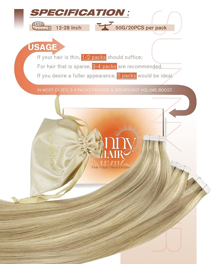 Sunny Hair Tape in Hair Extensions Real Human Hair Invisible Remy Hair Extensions Tape ins for Women Golden Blonde Highlight Medium Blonde 22 inch 20Pcs 50G