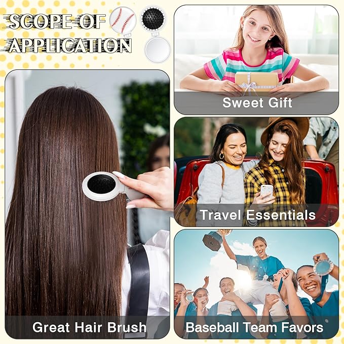 12 Pcs baseball Mini Detangler Brush, Folding Mirror Hair Brushes, Travel Hair Brush, No Tangle Soft Flexible Bristles for Straight, Curly, Thick Hair for baseball Team Gift Sport Party
