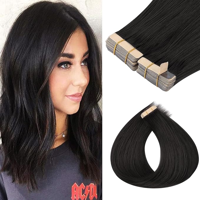 GOO GOO Tape in Hair Extensions Human Hair, 1B Natural black, 12inch 80g 40pcs, Skin Weft Seamless Invisible, Silky Straight with Thick Ends, Remy Human Hair