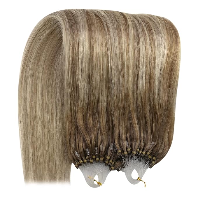 YoungSee Microlink Hair Extensions Human Hair Ombre Nicro Bead Hair Extensions Real Human Hair Brown with Blonde Balayage Micro Ring Human Hair Extensios 14In 50s 50g Pre Bonded Hair for Short Hair