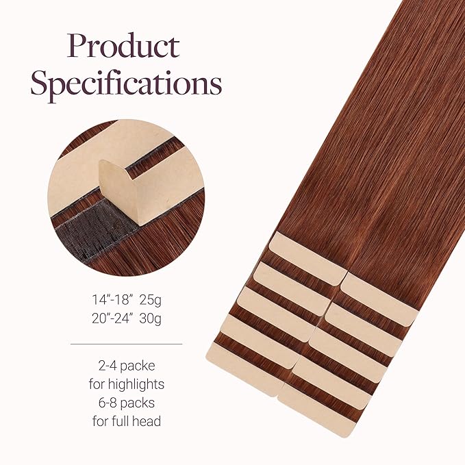 GOO GOO Tape in Hair Extensions Human Hair, #33B Dark Auburn Copper, 14inch 25g 10pcs, Skin Weft Seamless Invisible, Silky Straight with Thick Ends, Remy Human Hair