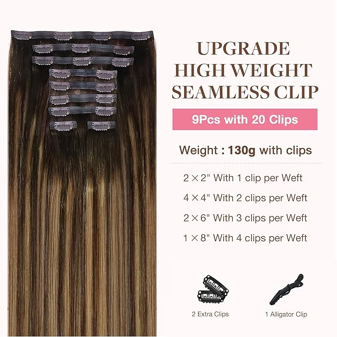 GOO GOO Clip in Hair Extensions Real Human Hair, Remy Human Hair Extensions Clip ins for Women, Natural Human Hair, 22inch 200g 9Pcs, #4/27/4 Balayage Chocolate Brown to Caramel Blonde