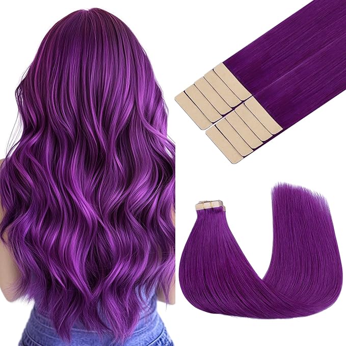GOO GOO Tape in Hair Extensions Human Hair, Purple, 10inch 20g 10pcs, Colored Tape ins Human Hair Extensions, Silky&Soft Invisible Tape Ins, Hair Highlighted for Party