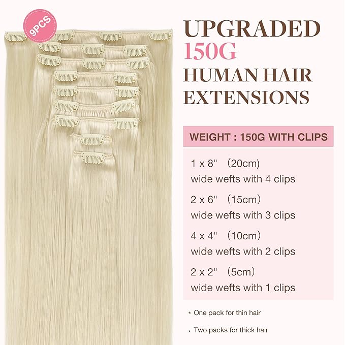 GOO GOO Clip in Hair Extensions Real Human Hair, Remy Human Hair Extensions Clip ins for Women, Natural Human Hair, 16inch 150g 9Pcs, 60A Platinum Blonde