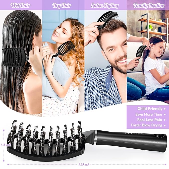 URTHEONE Hair Brush,Detangling Hairbrush Boar Bristle Hair Brushes for Women Men Kids Curly Thick Long Short Wet or Dry Hair, Curved Vented Detangler Brush for Faster Blow Drying (Black)